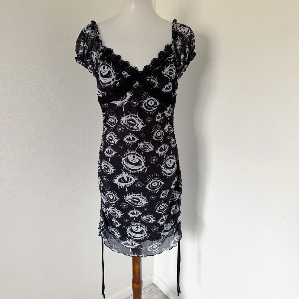 Grunge Punk Eye Eyeball Goth Drawstring Cinched Black Dress L Large Ruched - Picture 5 of 16
